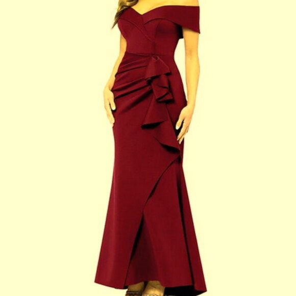 Xscape Wine Burgundy Ava Off the Shoulder Side Ruffle Evening Gown - Picture 1 of 2